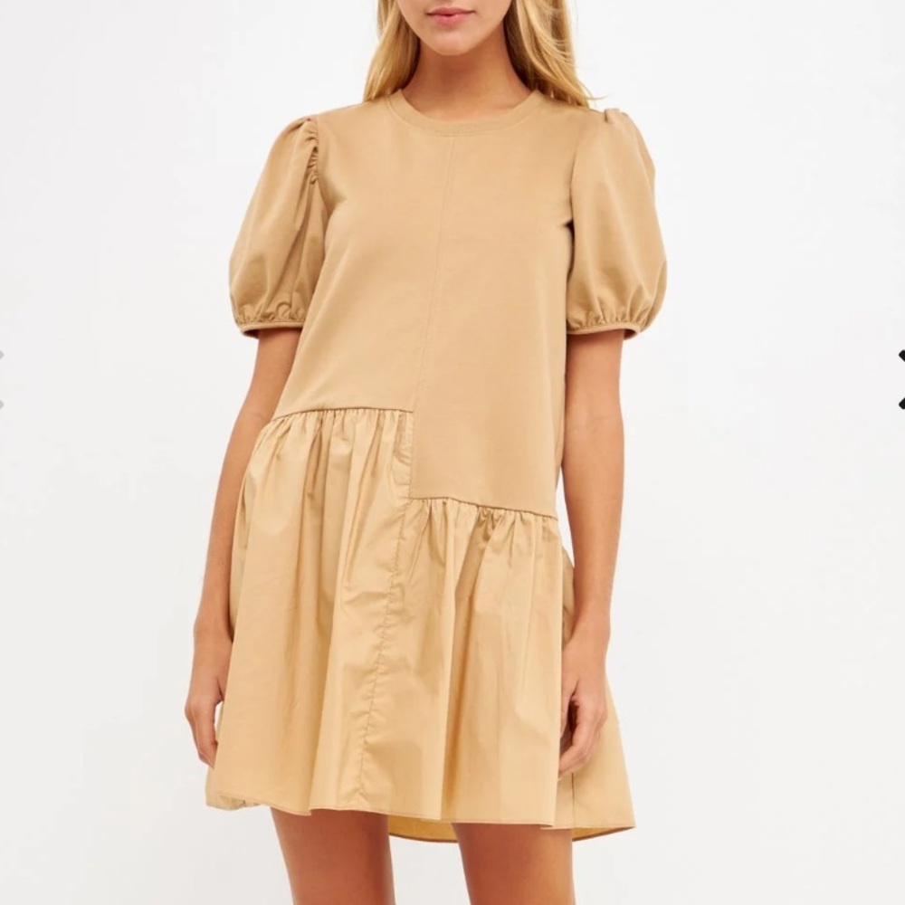 English Factory Tan Mixed Media Mini Dress